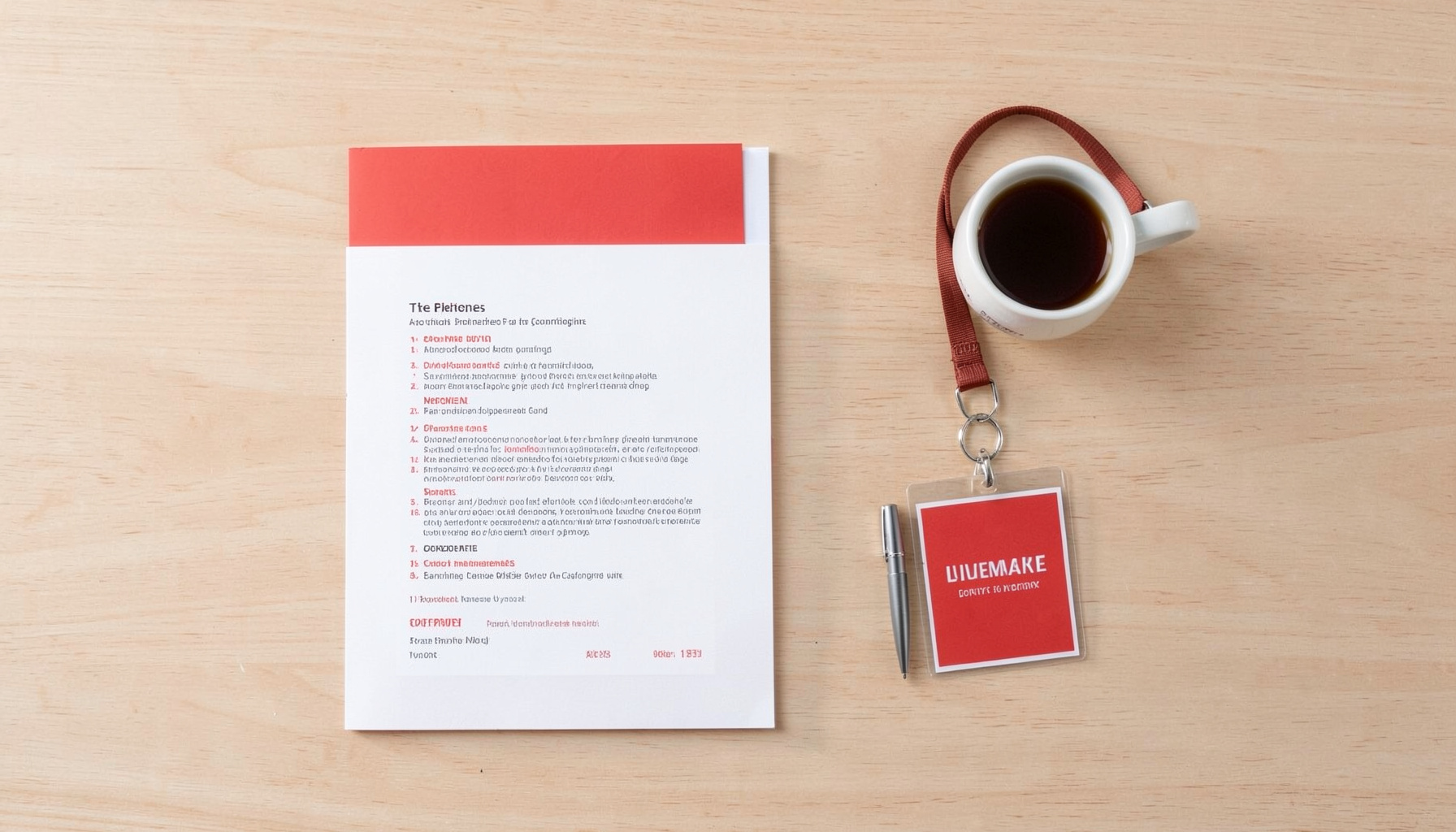 An overhead flat-lay photograph of academic conference materials — a printed programme booklet, a name badge on a lanyard, and a pen on a wooden desk